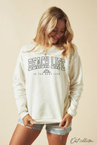 BEACH LIFE IS THE BEST LIFE Graphic Sweatshirt: white crew neck sweatshirt, long sleeves, relaxed fit, ribbed cuffs and hem