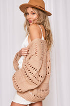 Crochet Balloon Sleeve Cardigan: pale lavender, cropped fit, round neckline, voluminous balloon sleeves, ribbed hem and cuffs
