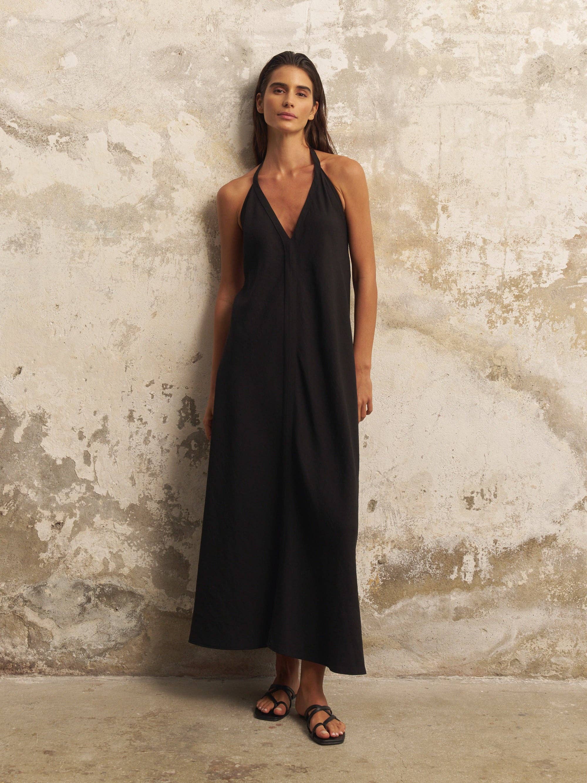 Zoe Maxi Dress: sleeveless beige dress with scoop neckline, fitted bodice, and flowing ankle-length skirt