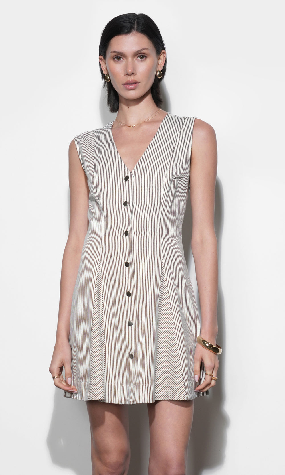 Fitted cream and black ticking stripe mini dress, deep V-neck, matte brass snap buttons, flared paneled skirt, sleeveless, styled with gold jewelry.