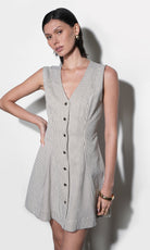 Sleeveless cream and black ticking stripe mini dress with deep V-neck, matte brass snap buttons, and flared paneled skirt. Styled with gold cuff and rings.