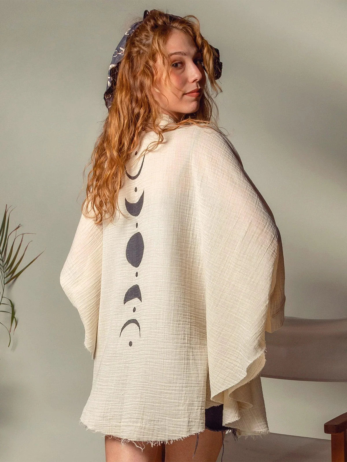 Hand painted moon kimono: long, open front robe with wide sleeves and blue brushstroke pattern