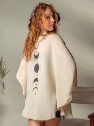 Hand painted moon kimono: long, open front robe with wide sleeves and blue brushstroke pattern
