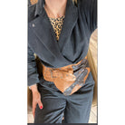 Leather Belt - handmade: tan leather belt with rectangular gold buckle and stitched edges