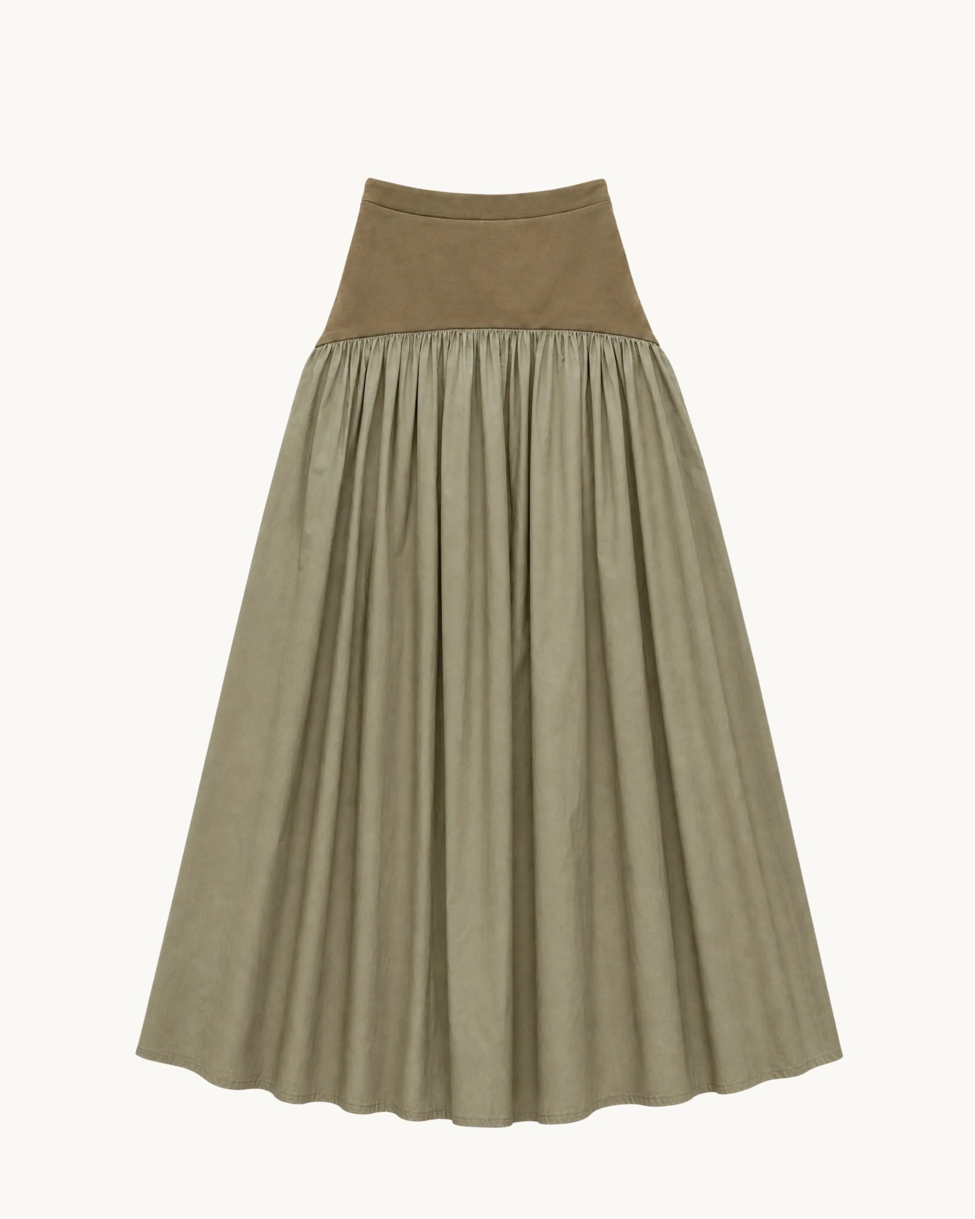 Sage green maxi skirt laid flat, featuring a darker olive suede-texture fitted waistband contrasting a deeply gathered, lightweight flowing skirt panel in muted khaki-green tones.