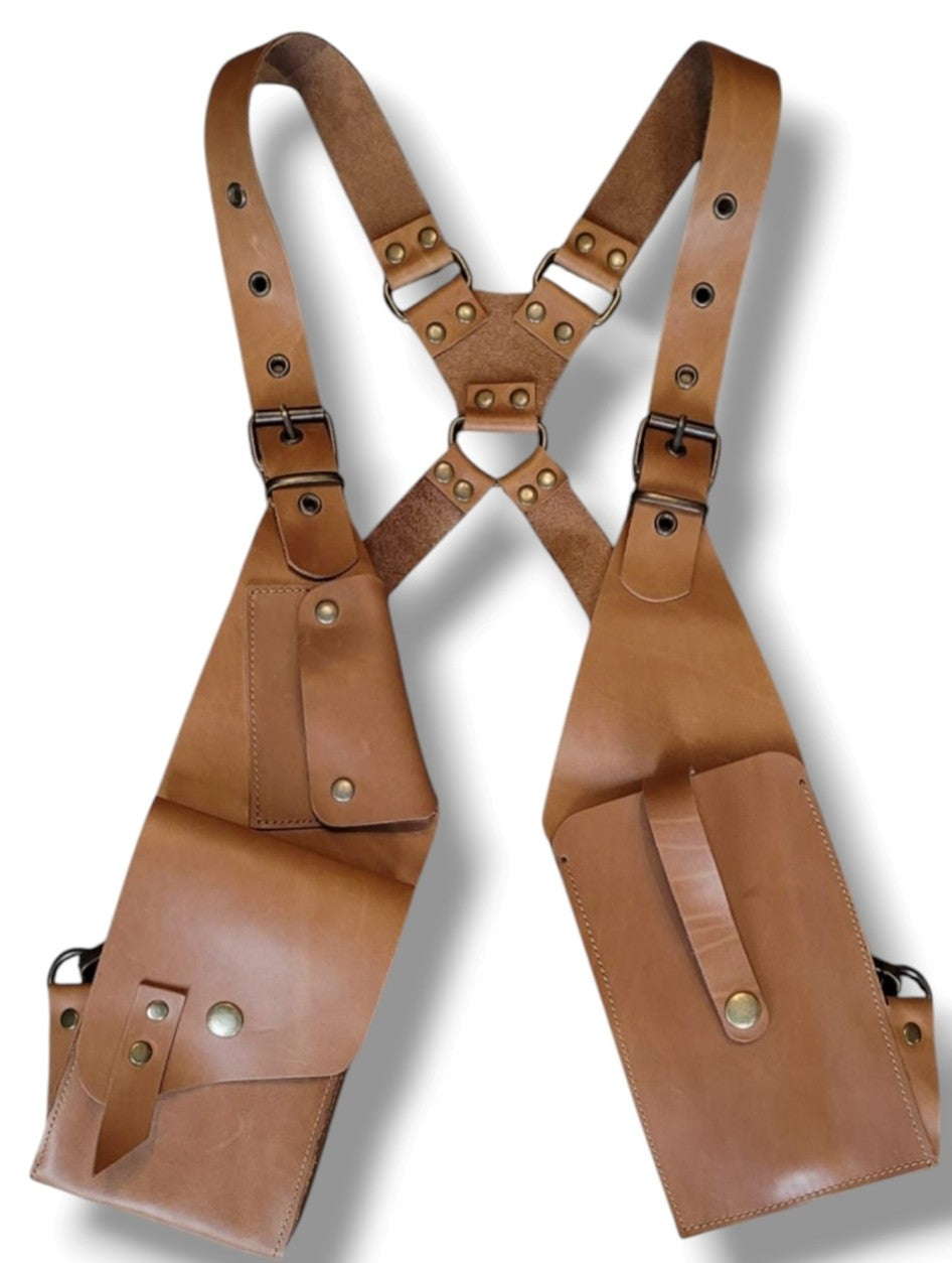 Leather Holster: rectangular leather bag in dark brown with long shoulder strap and flap opening