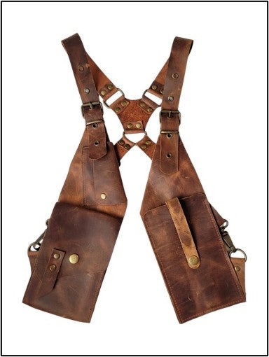 Leather Holster: structured brown leather bag with short handles and open-top design