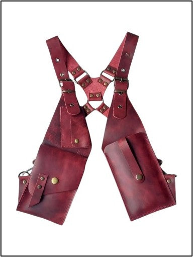 Leather Holster: rectangular red leather bag with short handle and open-top design