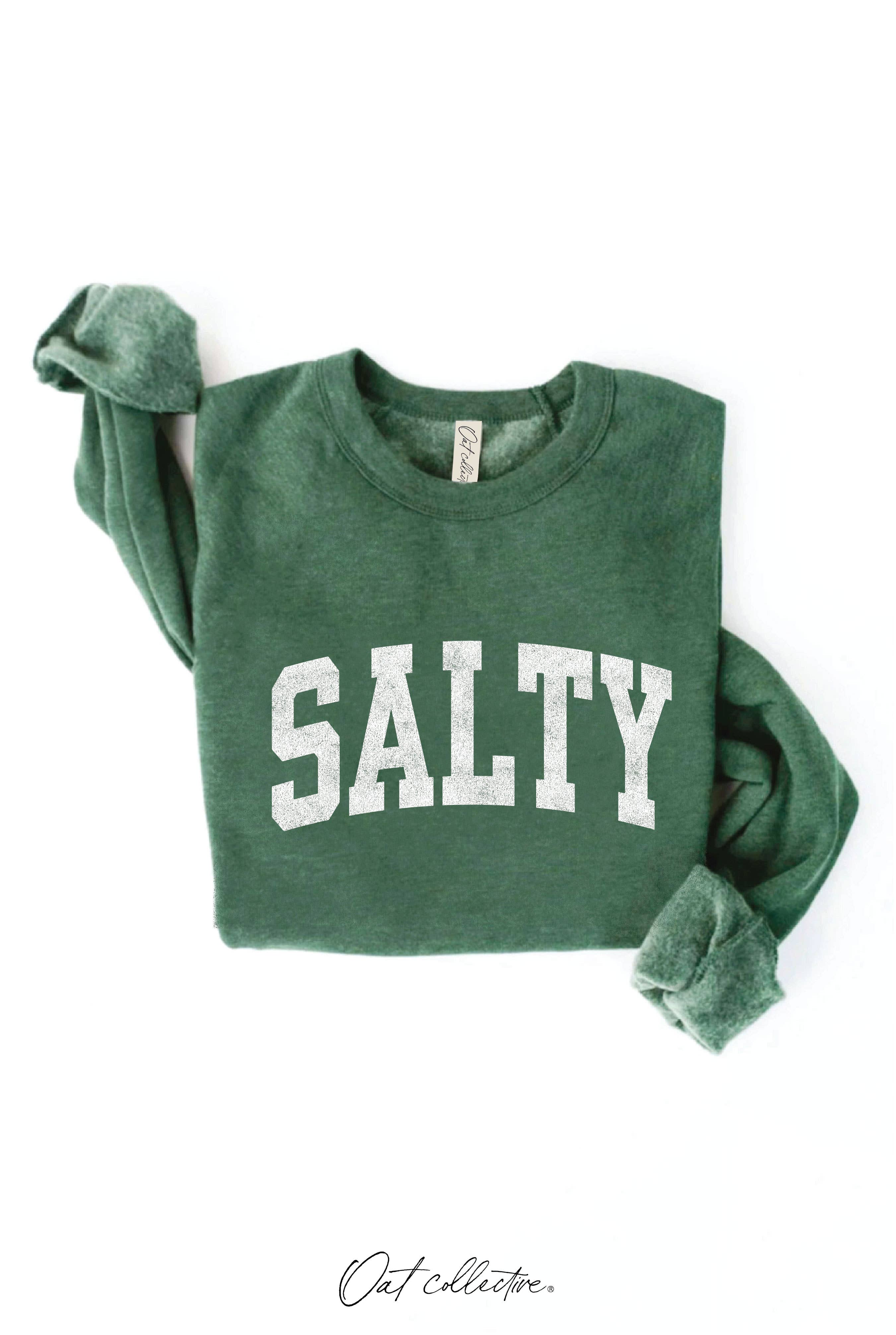 SALTY Graphic Sweatshirt: relaxed fit, cream color, crew neck, long sleeves, ribbed cuffs and hem
