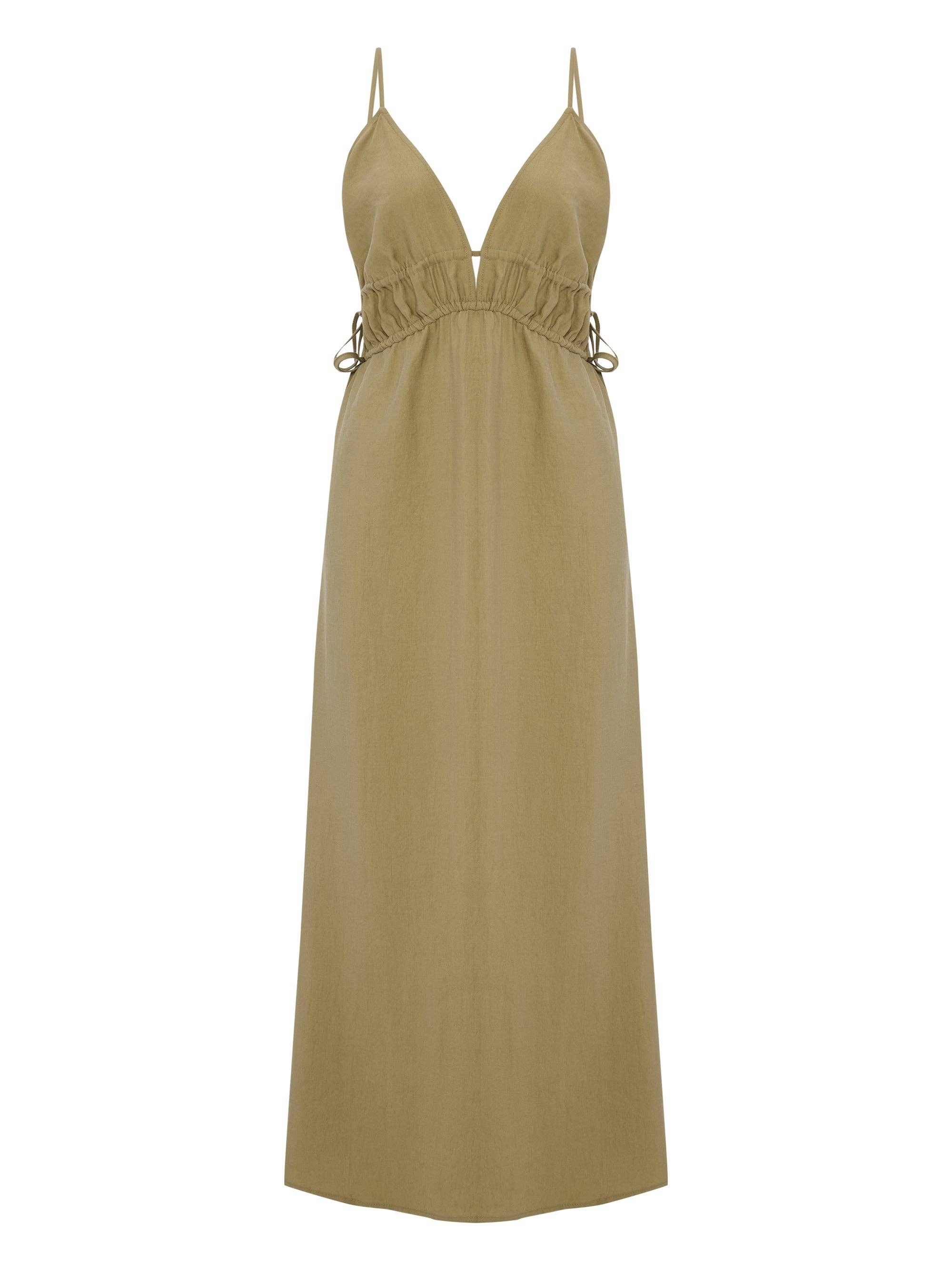 Sofia Ties Maxi Dress: sleeveless beige dress with square neckline, tie straps, and straight maxi length