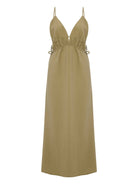 Sofia Ties Maxi Dress: sleeveless beige dress with square neckline, tie straps, and straight maxi length