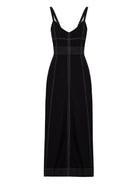 Eva Maxi Dress: sleeveless beige dress with deep V-neckline, fitted waist, and full-length flowing skirt