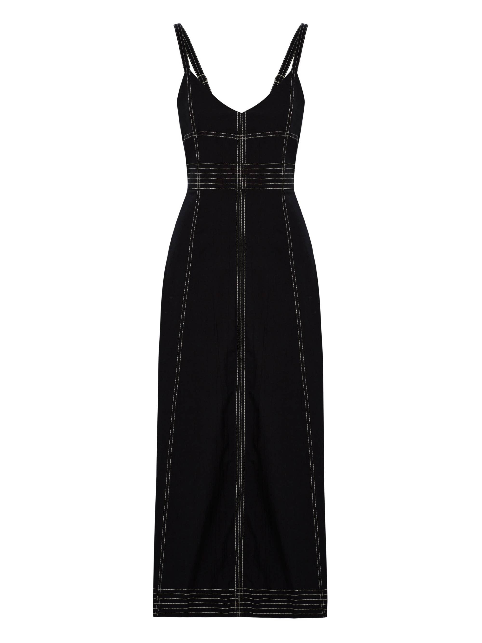 Eva Maxi Dress: sleeveless beige dress with deep V-neckline, fitted waist, and full-length flowing skirt