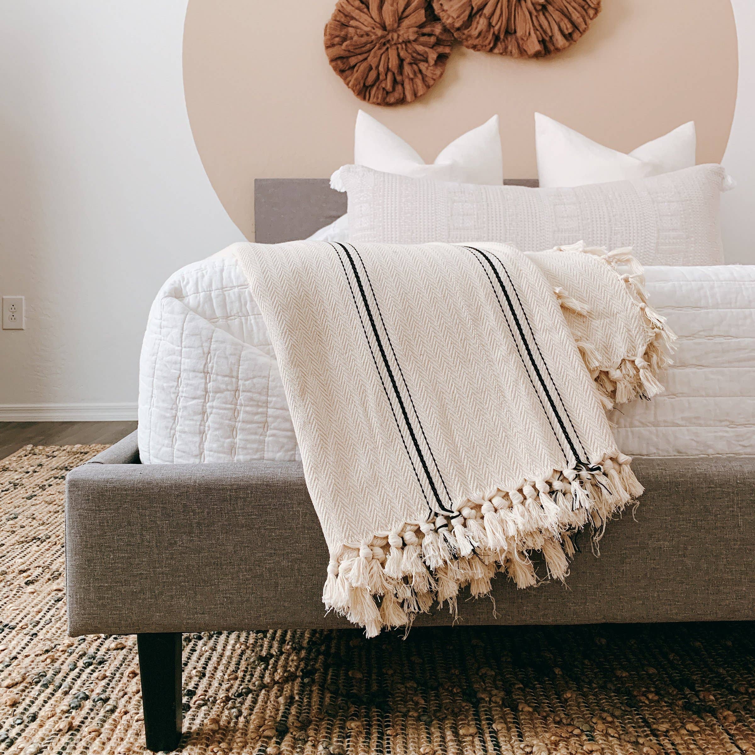 Sophie 100% Cotton Turkish Throw Blanket: rectangular cream throw with fringed edges and textured weave