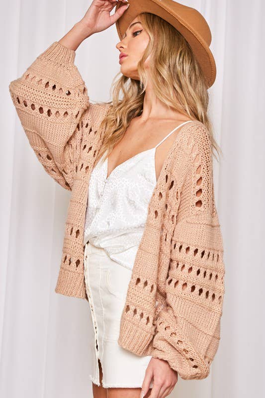 Crochet Balloon Sleeve Cardigan: ivory, cropped fit, round neckline, puffed long sleeves, ribbed hem and cuffs