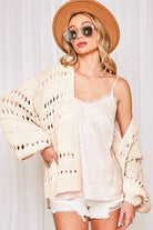 Crochet Balloon Sleeve Cardigan: cream, fitted waist, rounded neckline, long voluminous sleeves, cropped hem