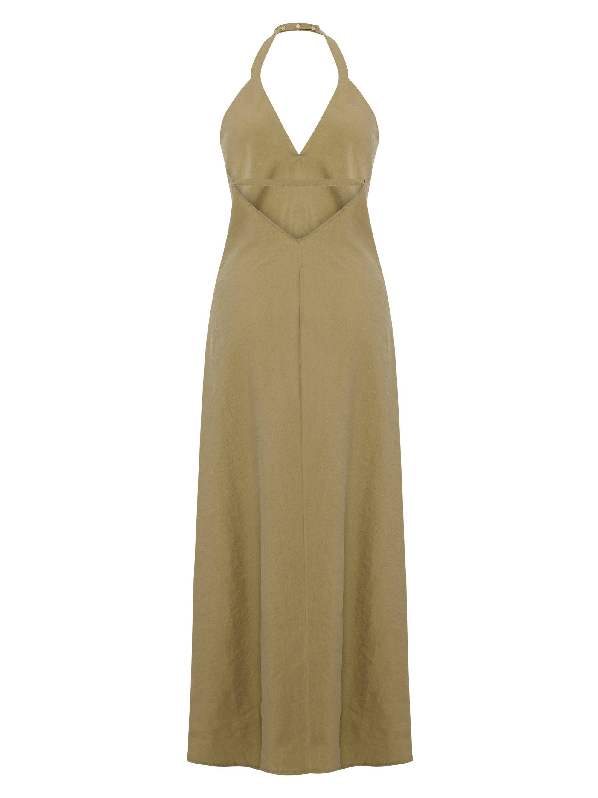Zoe Maxi Dress - Khaki Green: sleeveless maxi dress with square neckline and straight, relaxed fit