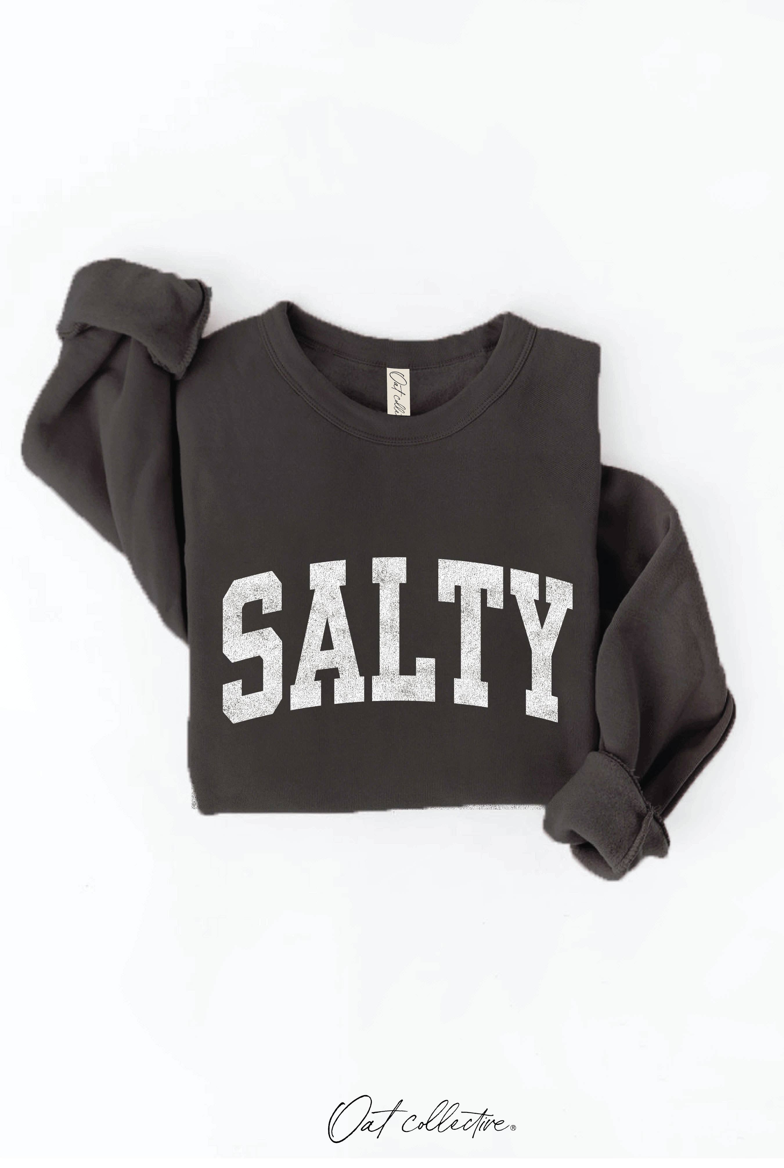 SALTY Graphic Sweatshirt: relaxed fit, ivory crewneck, long sleeves, ribbed cuffs and hem, straight length