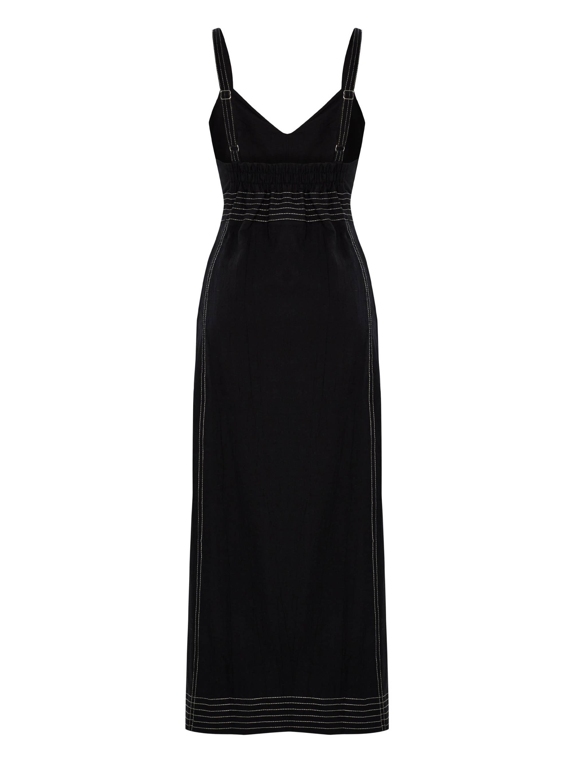 Eva Maxi Dress: sleeveless beige dress with V-neckline, fitted waist, and flowing ankle-length hem