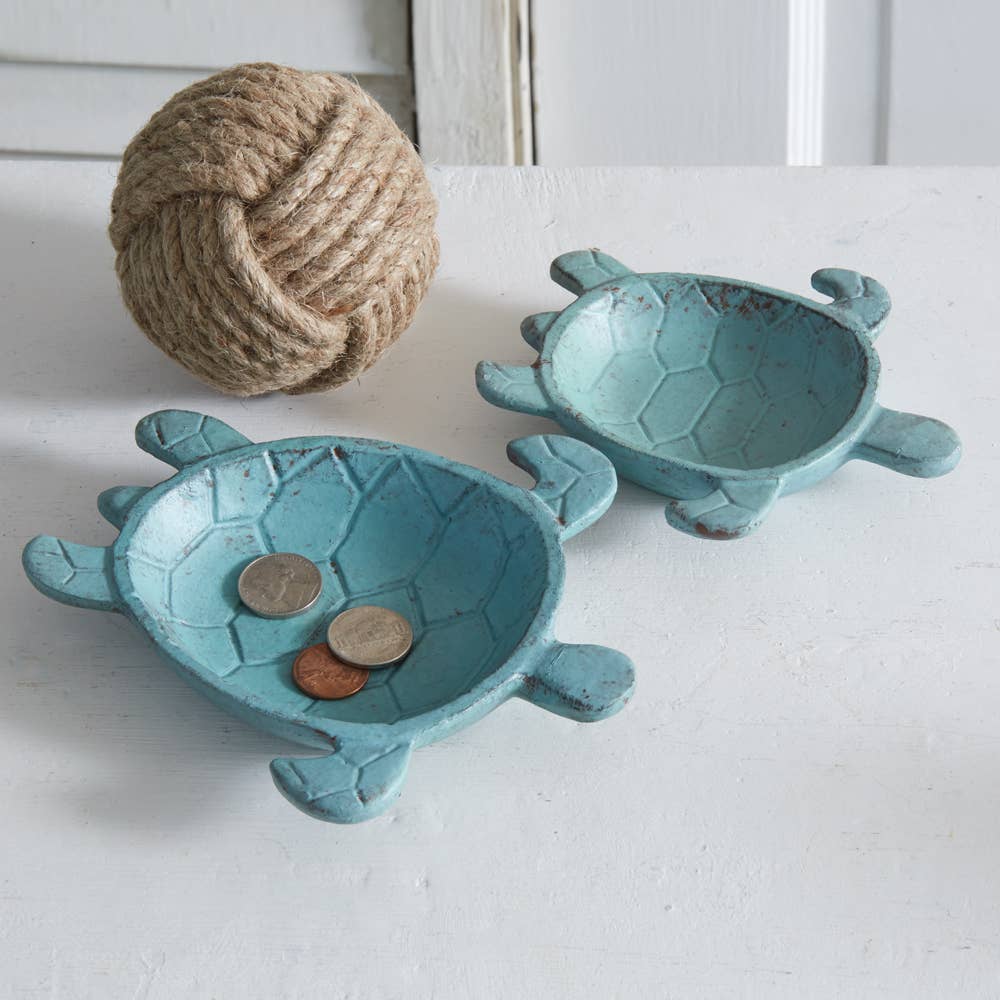 Set of Two Sea Turtle Trinket Dishes: white ceramic sea turtle shapes with shallow dish cavities