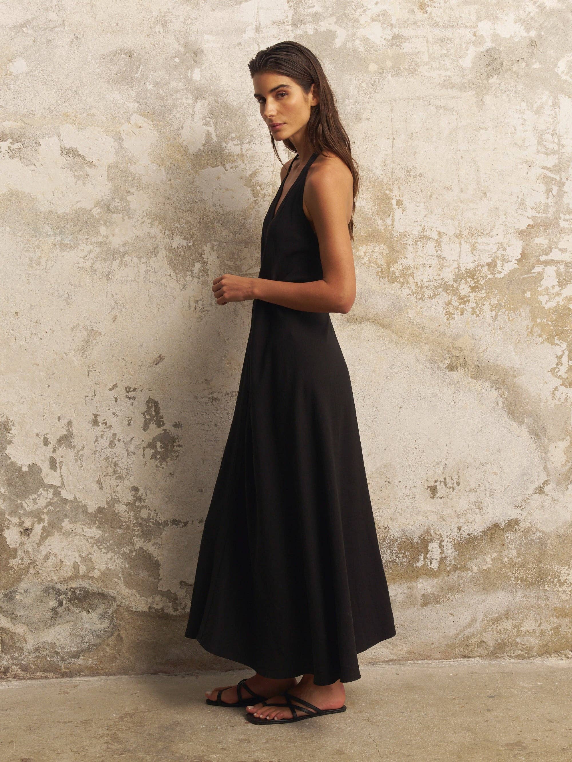 Zoe Maxi Dress: sleeveless beige dress with straight neckline, relaxed fit, and ankle-length hem