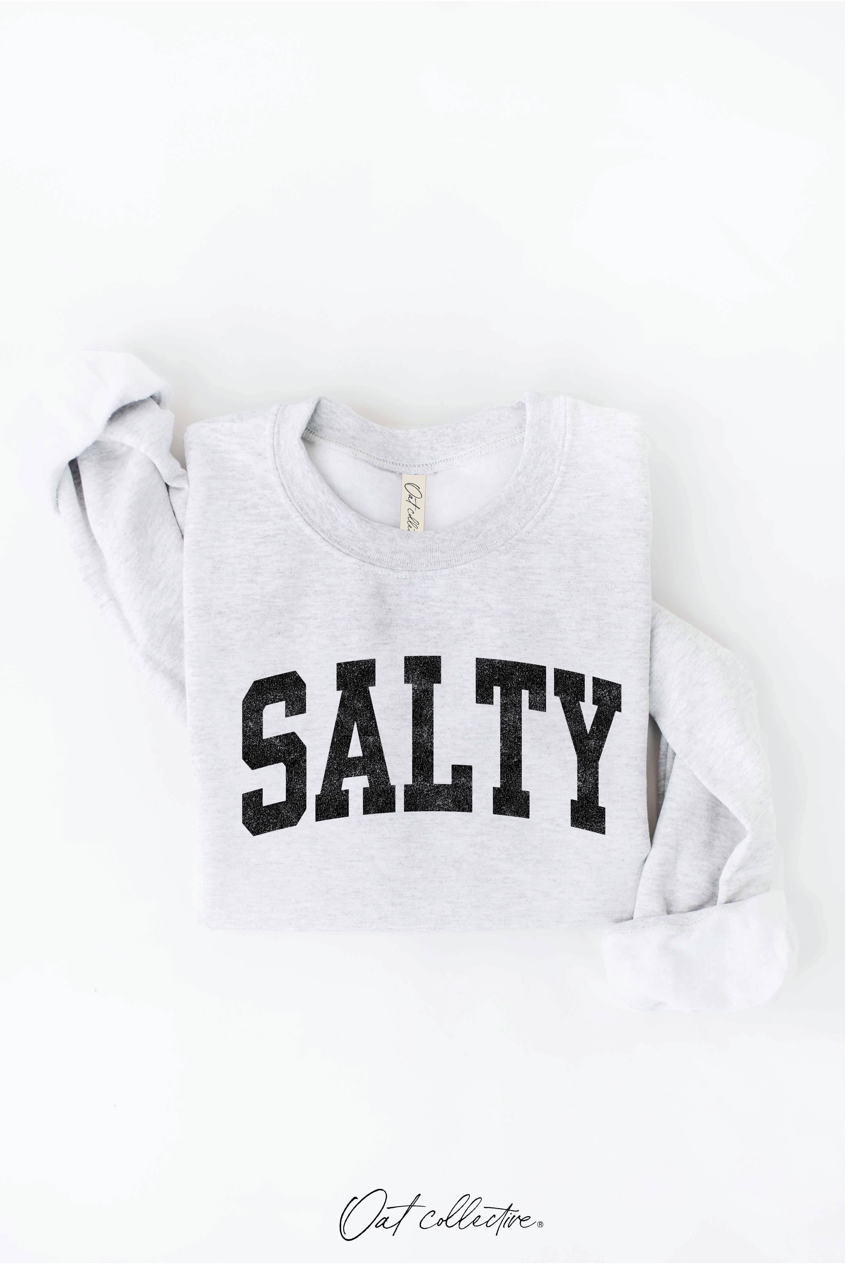 SALTY Graphic Sweatshirt: relaxed fit, cream color, crew neckline, long sleeves, ribbed hem and cuffs