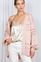 Crochet Balloon Sleeve Cardigan: beige, cropped fit, round neckline, voluminous balloon sleeves, ribbed hem