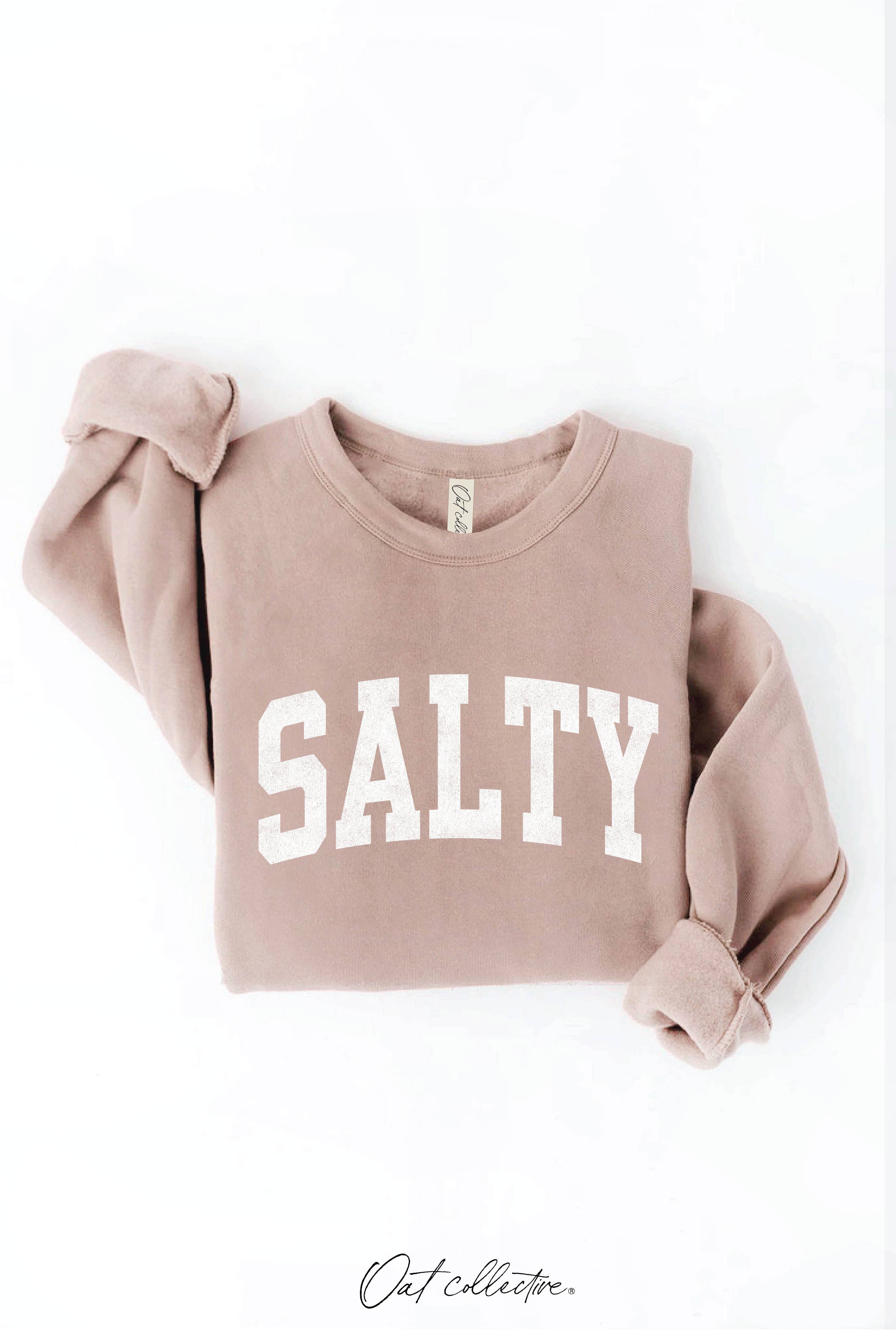 SALTY Graphic Sweatshirt: crewneck, long sleeves, relaxed fit, off-white with black graphic print