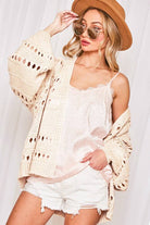 Crochet Balloon Sleeve Cardigan: beige, cropped fit with round neckline, voluminous balloon sleeves, and ribbed hem
